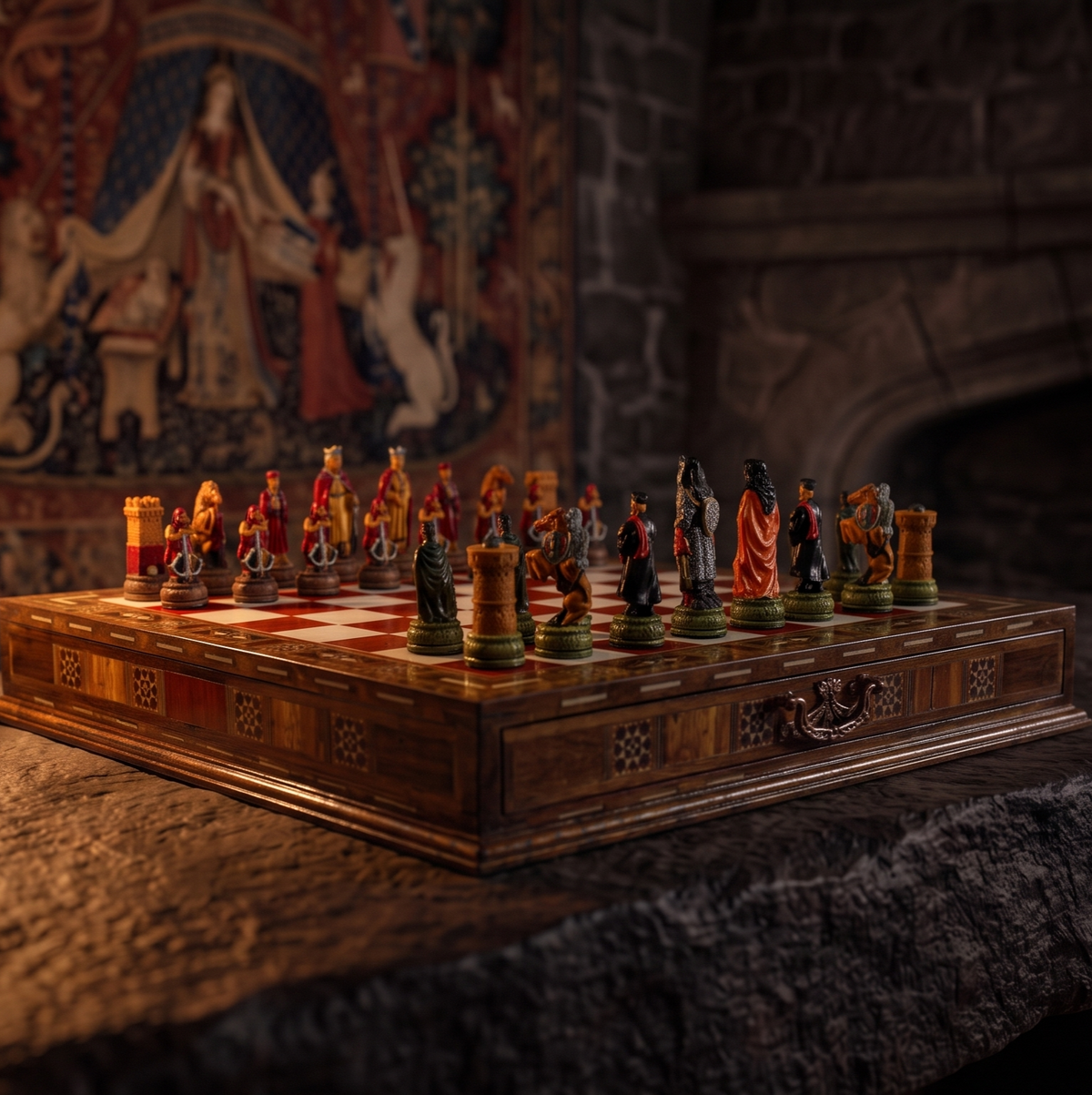 Camelot-style mosaic chess set by candlelight in front of a tapestry – a new set in historical style