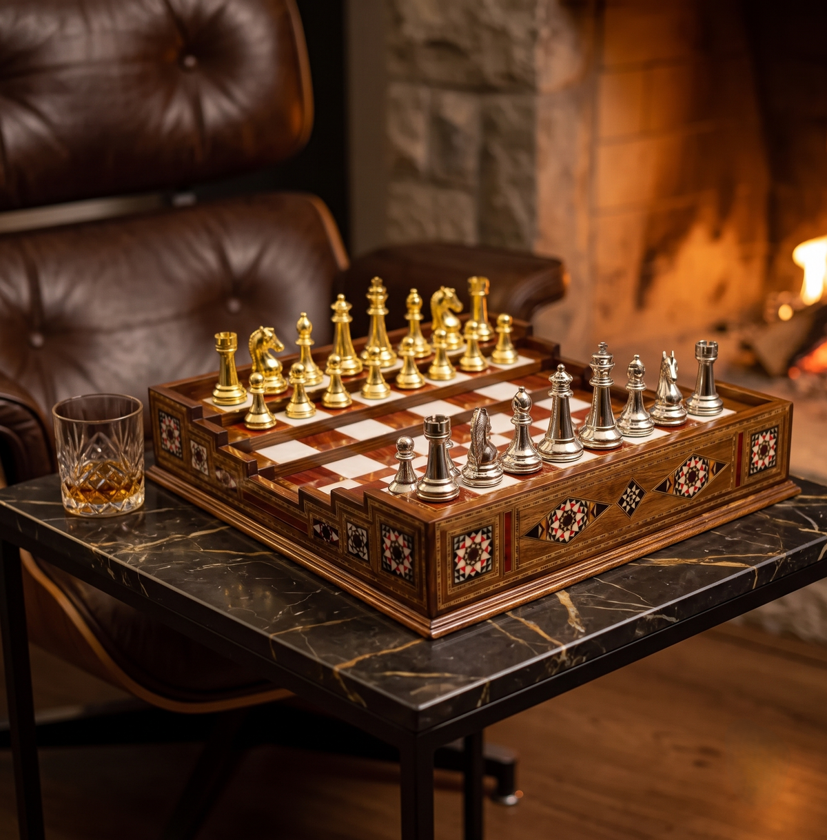 Arena chess set Premium on a marble table next to a leather armchair, lifestyle shot – chess atelier