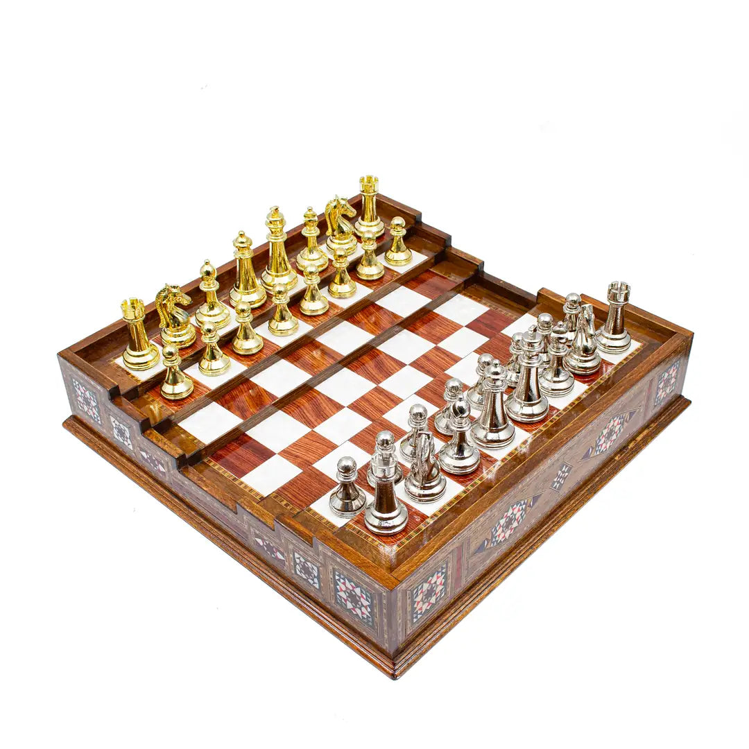 Massive metal figures on the arena wooden chessboard – Chess studio