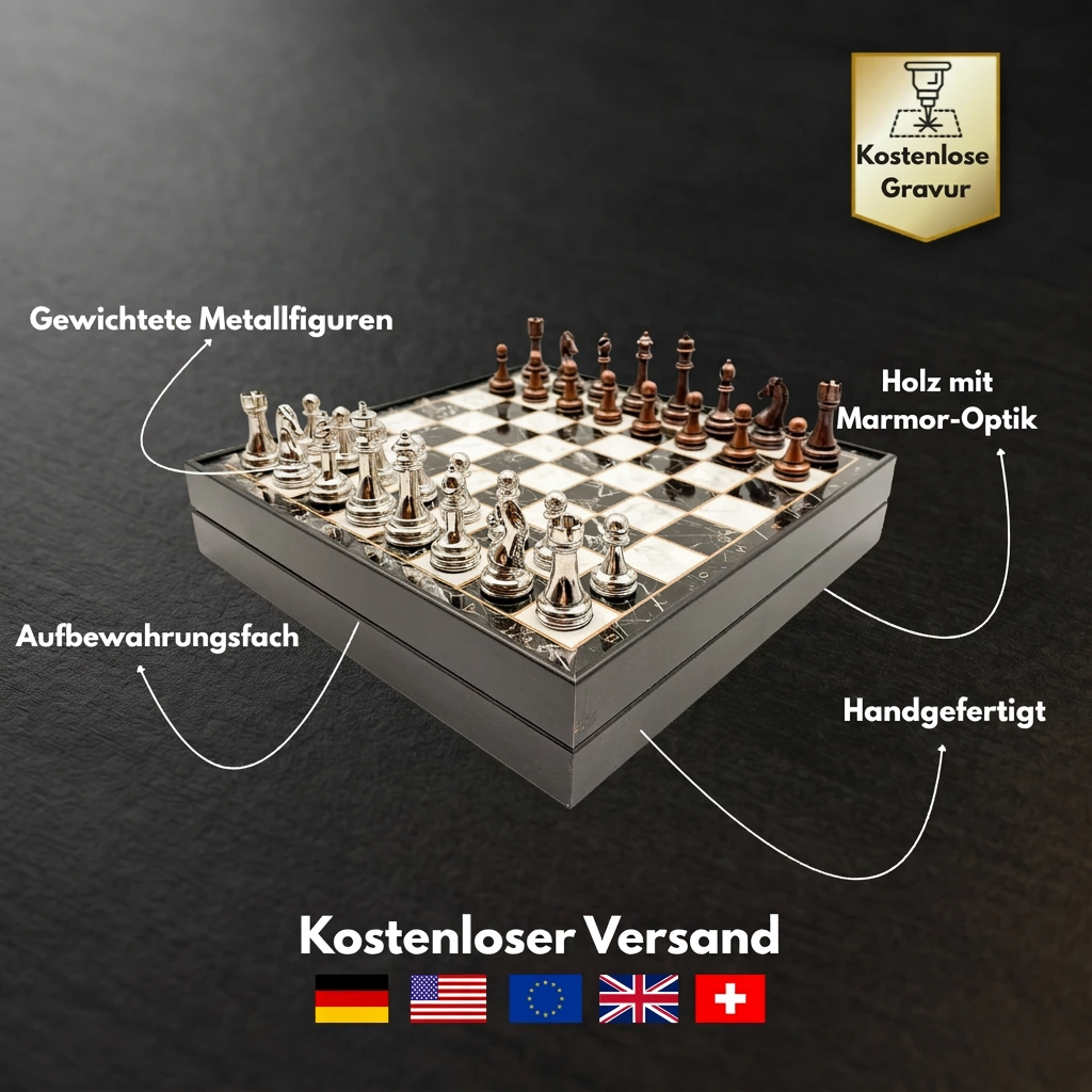 Infographie sur les matériaux et tailles du jeu d'échecs avec pièces en métal