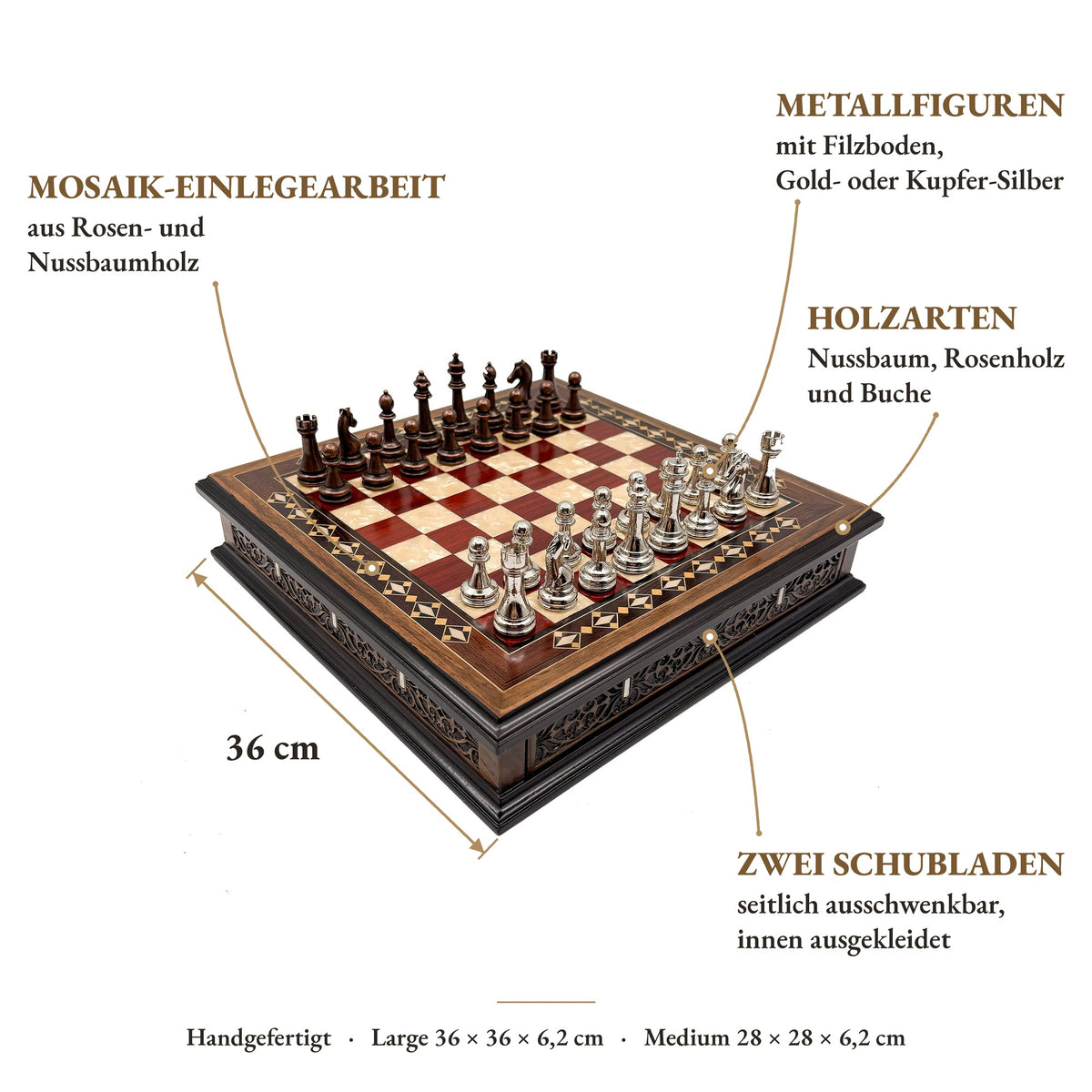 Produktinfografik mit Holzarten, Maßen und Schubladen-Details