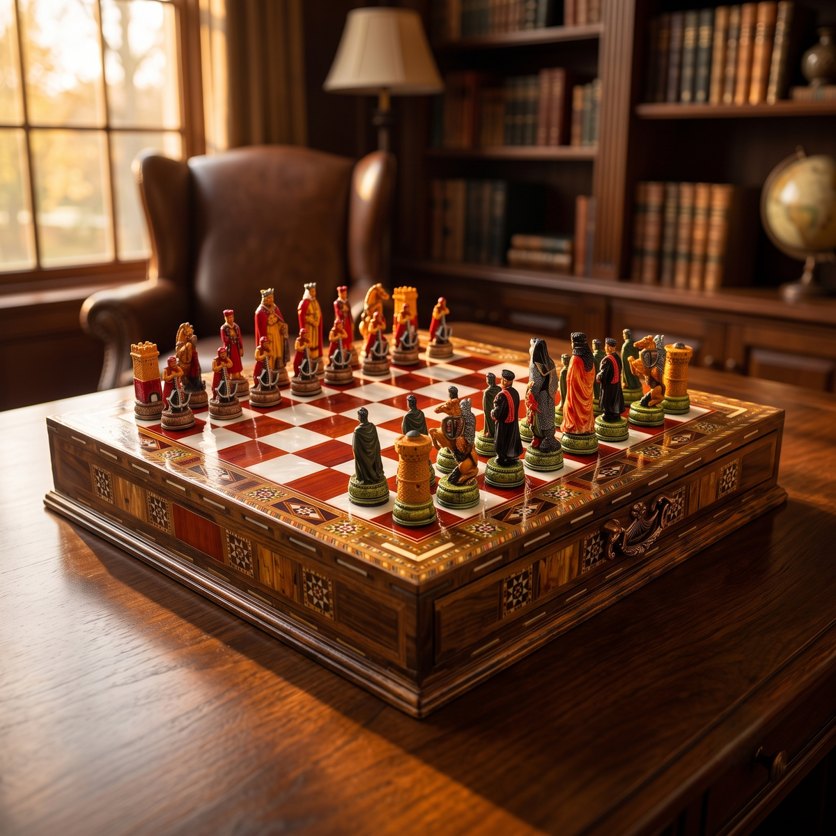 Camelot-style mosaic chess set on a desk in a library – a new set in vintage style