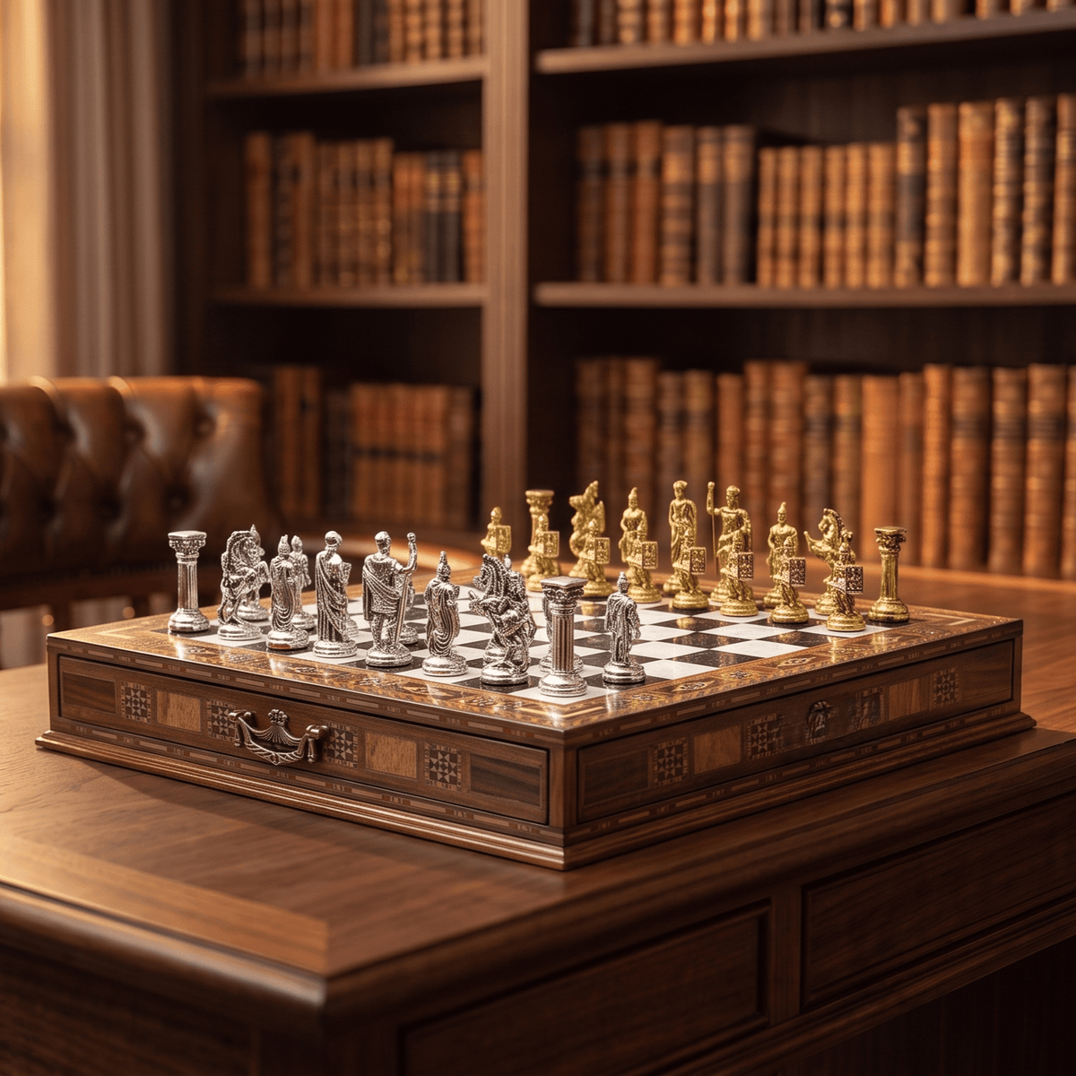 Roman chess set on a dark library desk, lifestyle shot – chess studio