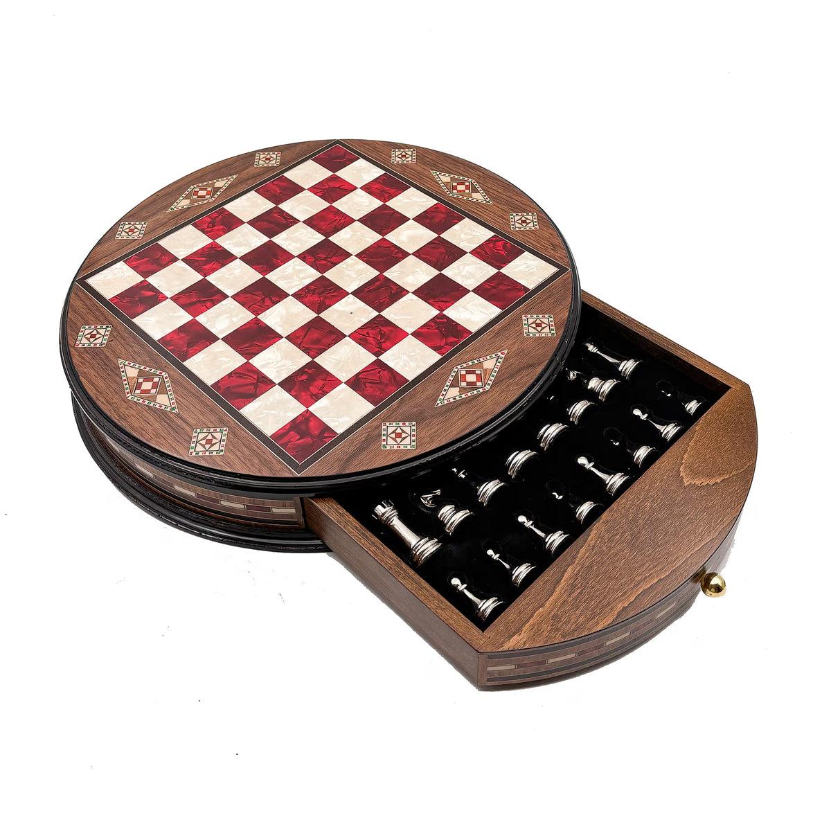 Detail view of the mosaic inlay on the round chessboard – Chess studio