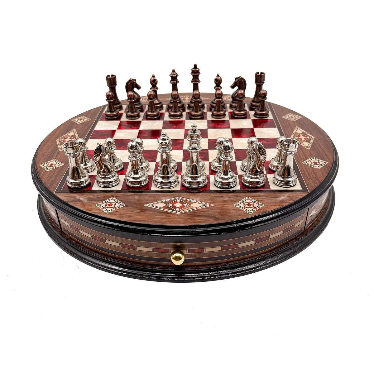 Round mosaic chess set made of wood with red metal pieces – Chess studio