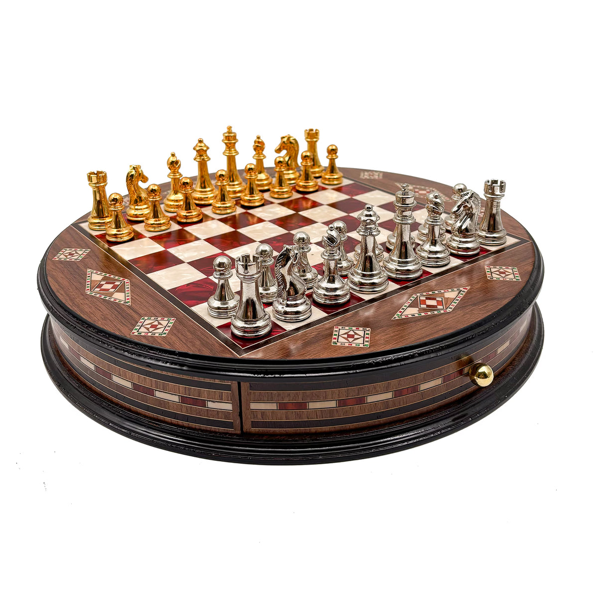Round mosaic chess set made of wood in red with drawer – Chess atelier