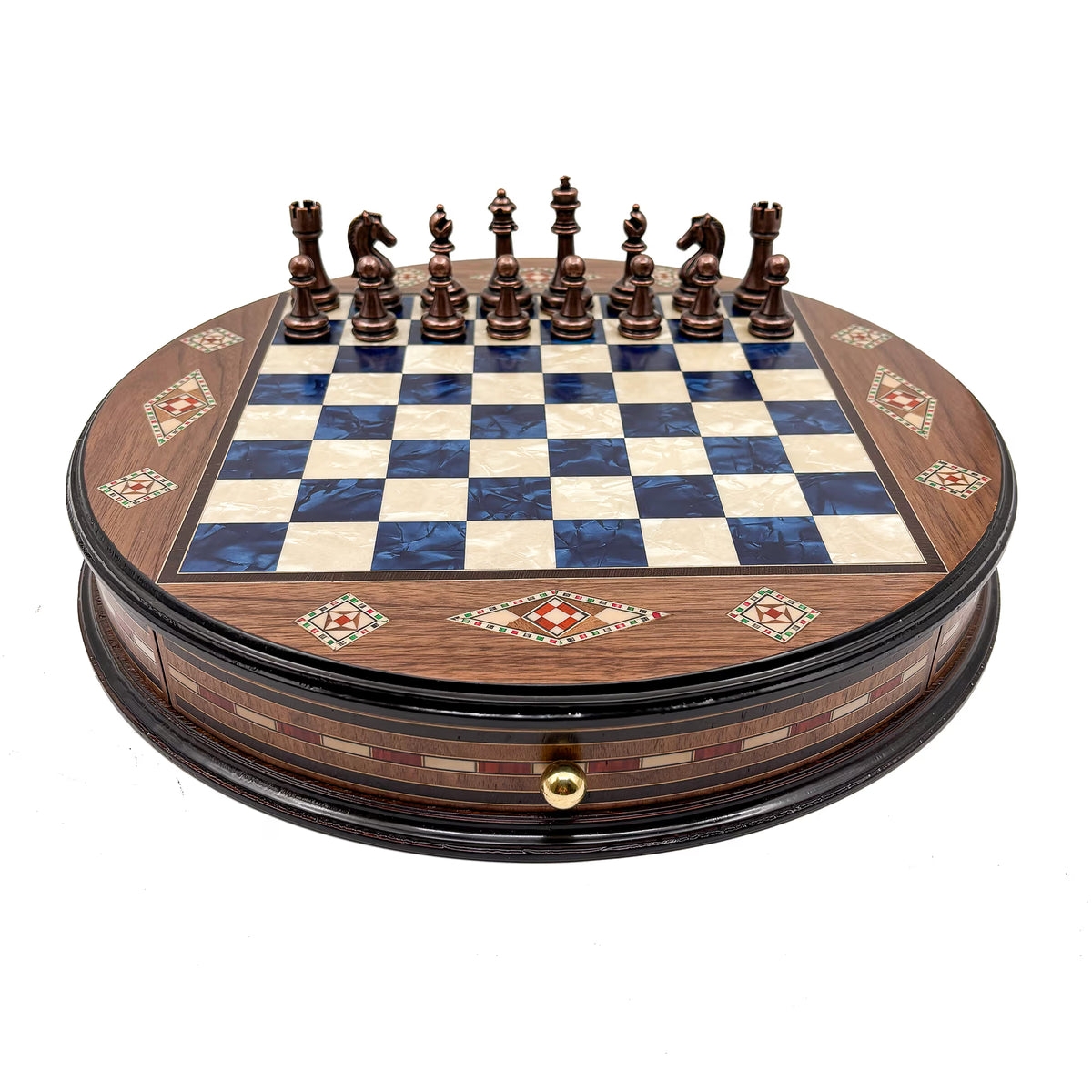 Open round mosaic chess set with pieces in the drawer – Chess workshop