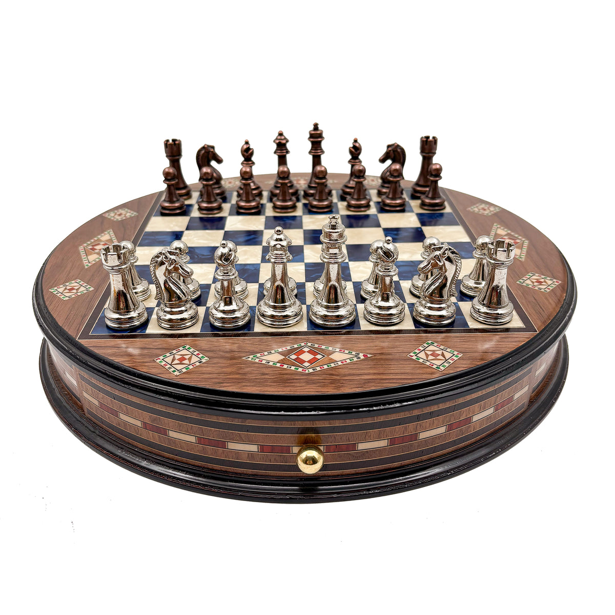 Round mosaic chess set with metal pieces, handcrafted – Chess studio