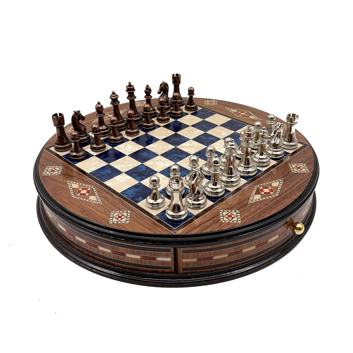 Handcrafted round wooden mosaic chess set with drawer – Chess atelier