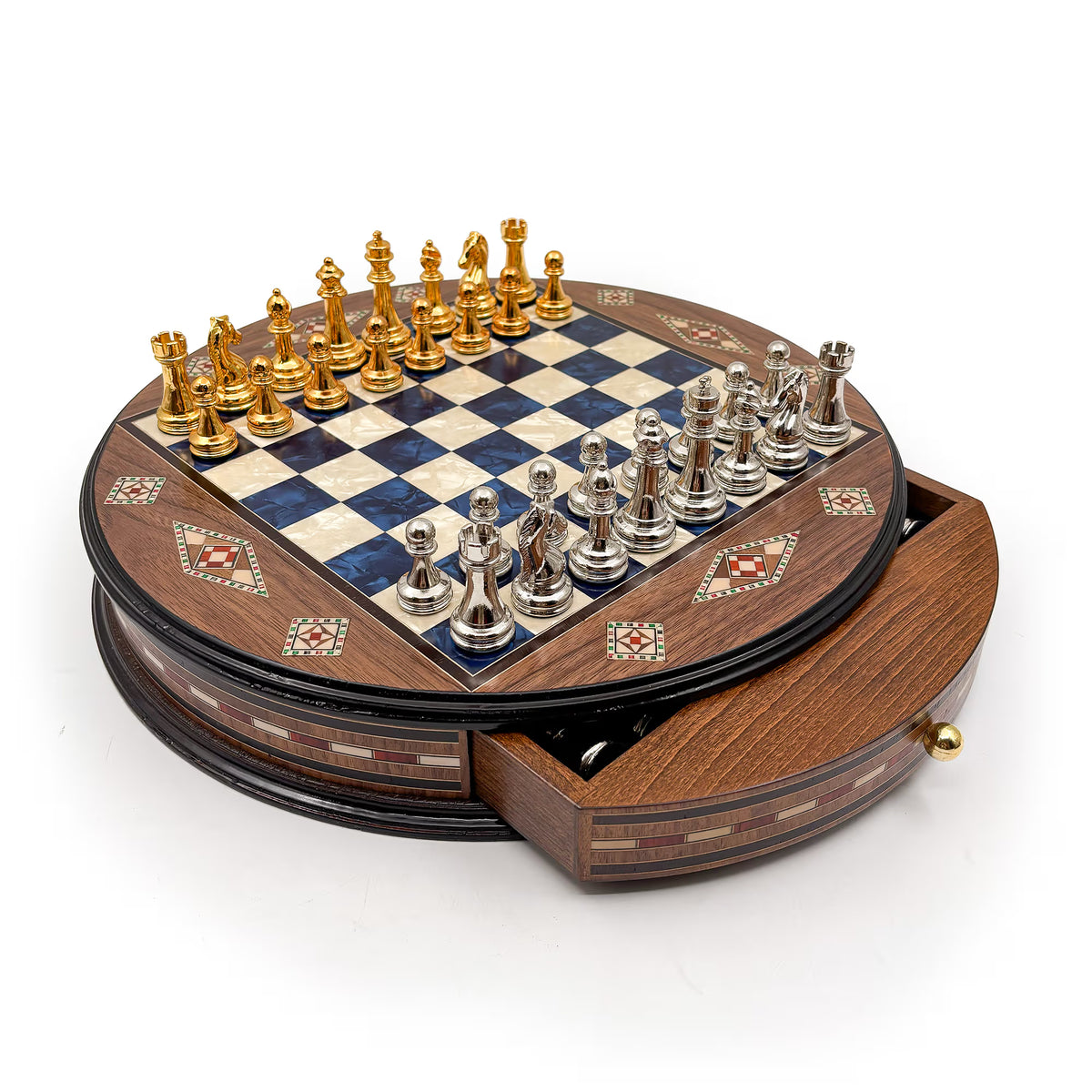 Round wooden chess set in blue with mosaic pattern and drawer – Chess workshop