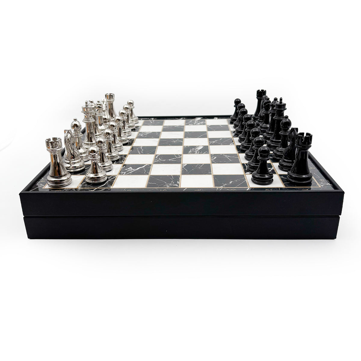 Metal chess pieces on the board with storage box – Chess Studio