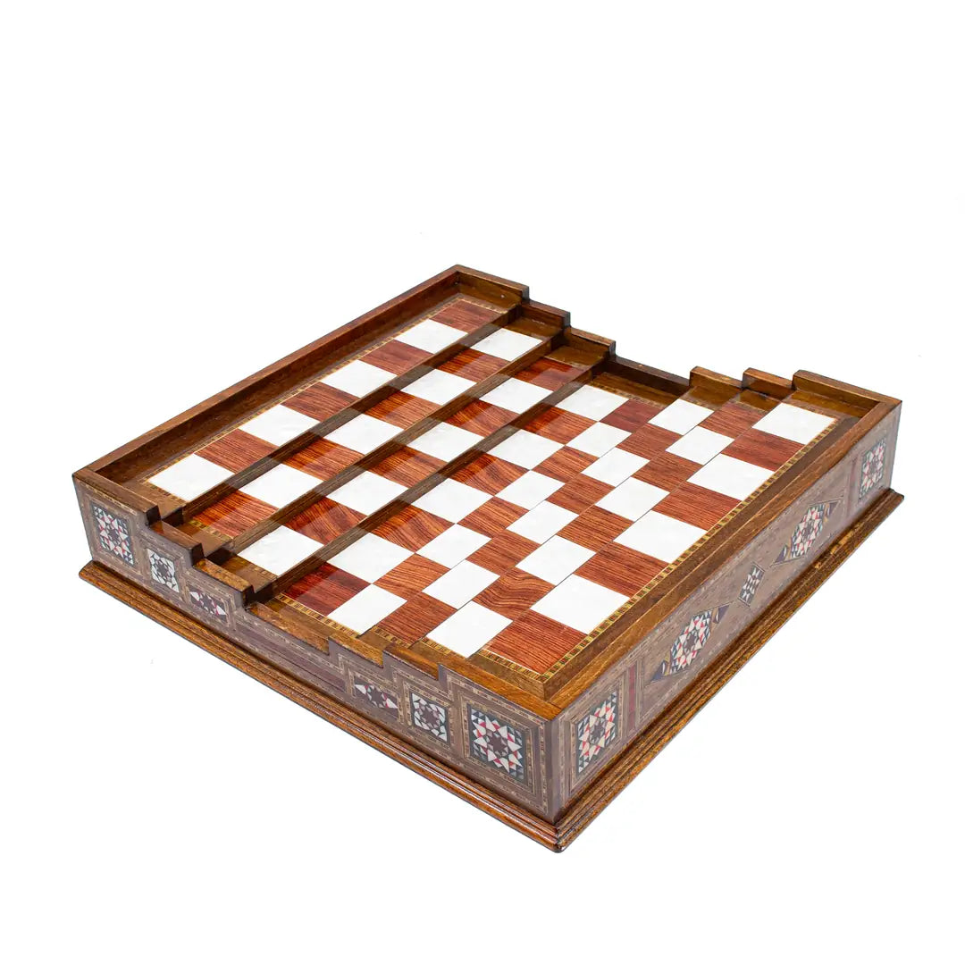 Arranged pieces on the handcrafted arena chessboard – Chess studio