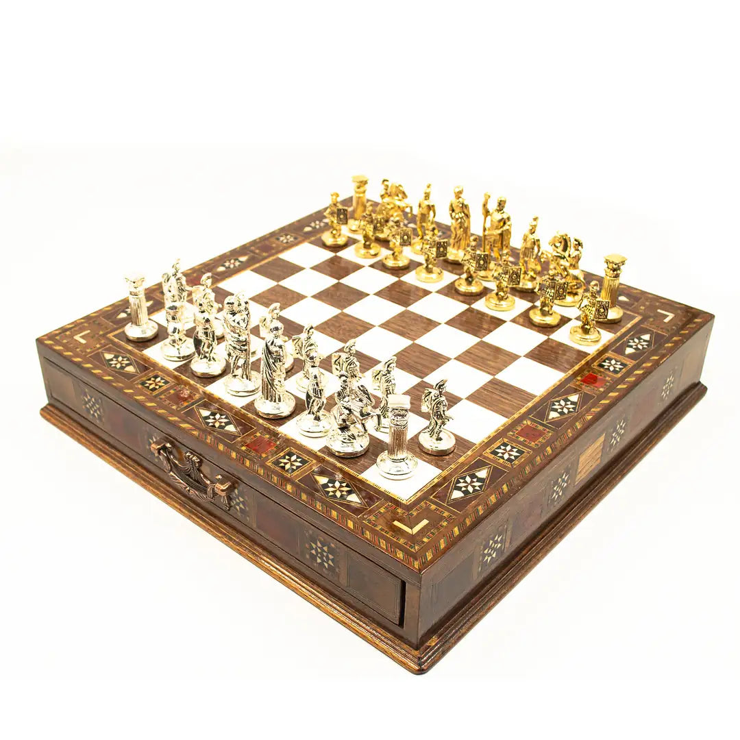 Open Roman chess set with pieces in storage compartment – Chess workshop