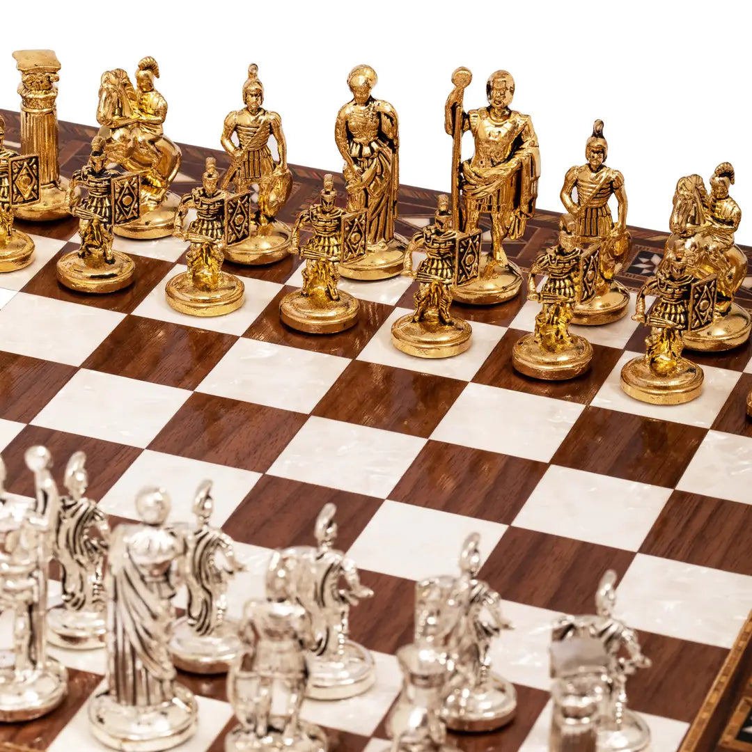 Roman metal chess pieces on a handcrafted wooden board – Chess studio