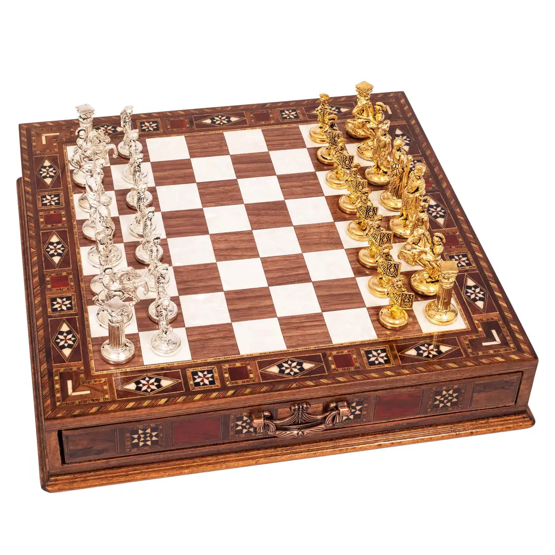Handcrafted Roman chess set made of wood with metal pieces, 36 cm – Chess studio
