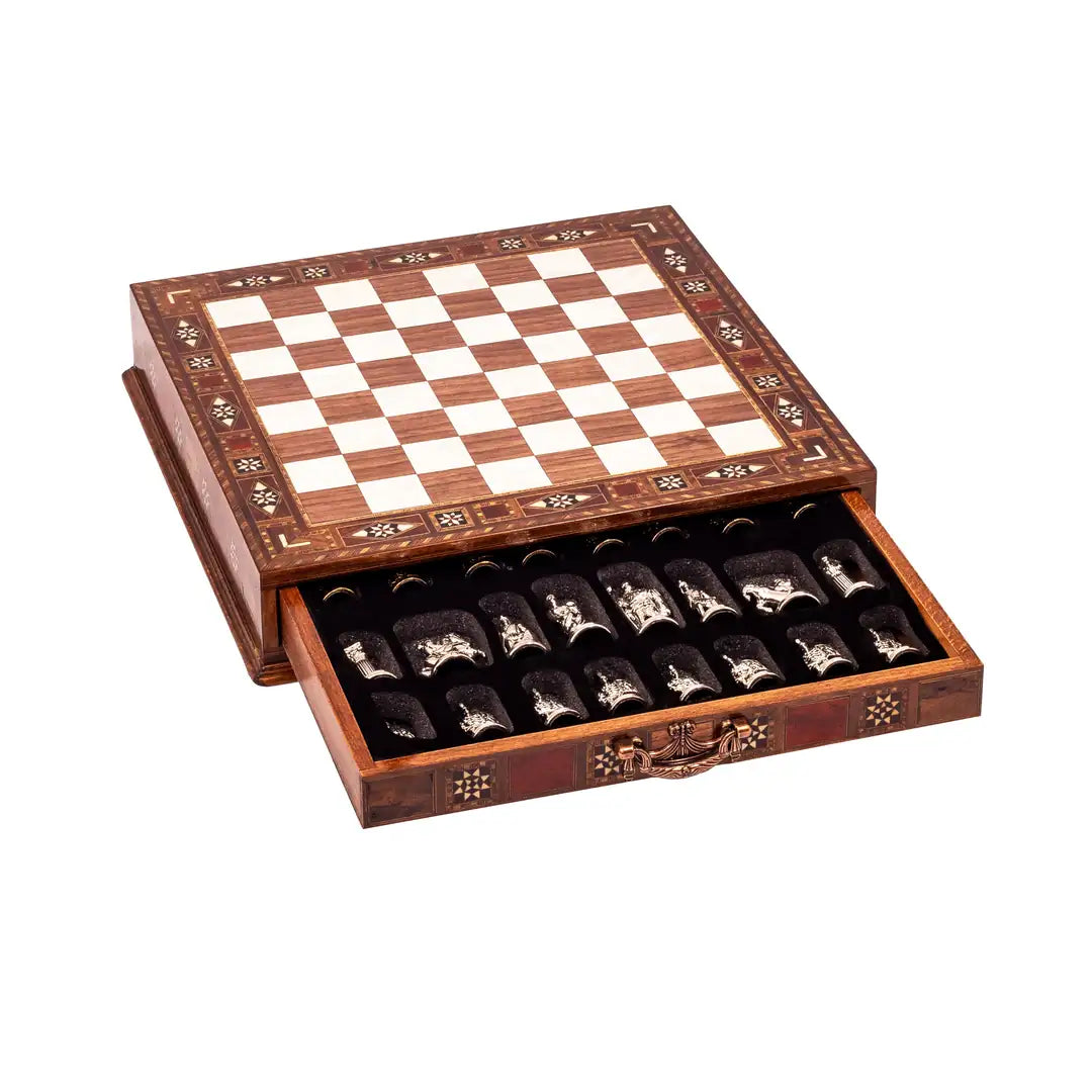 Detailed view of the Roman metal chess pieces - Chess workshop