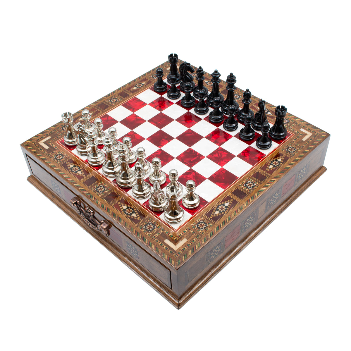 Wooden chess set with black board and silver pieces – Chess studio