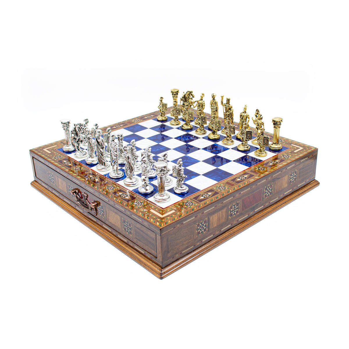 Römisches Schachspiel aus Holz in Blau, 38 cm, weitere Produktansicht – Schachatelier