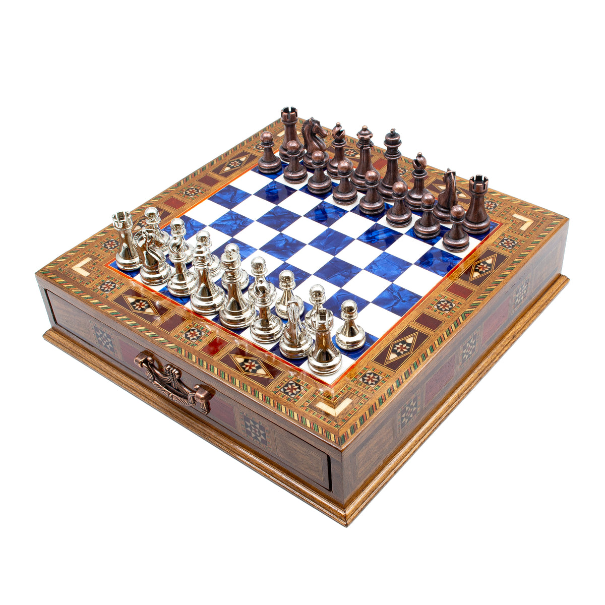 Wooden chess set with blue board and metal pieces, hand crafted – Chess atelier.