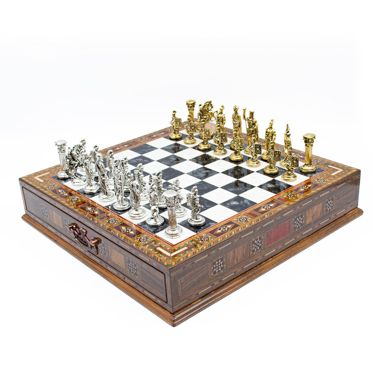 Side view of the handcrafted Roman chess set with drawer – Chess atelier