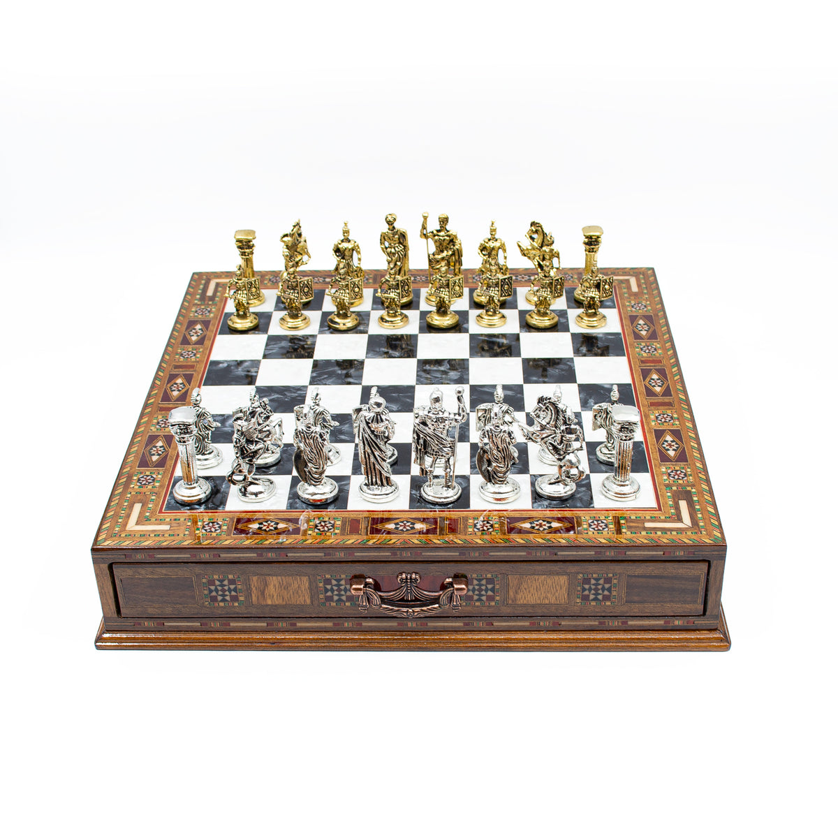 Roman wooden chess set with standing pieces on the board - Chess workshop