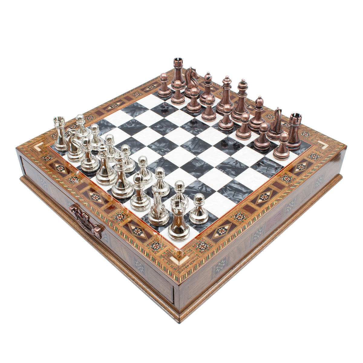 Wooden chess set with metal pieces in copper and silver – Chess atelier