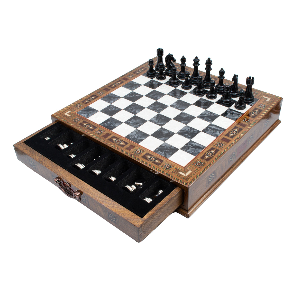 Wooden chess set with metal pieces in black and silver – Chess atelier