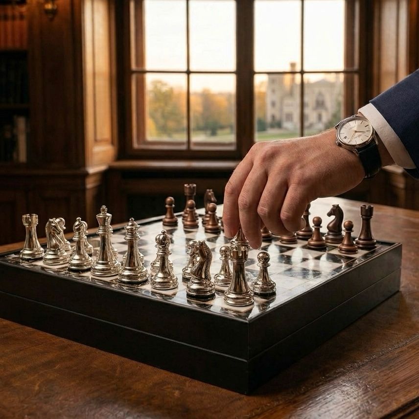 Handcrafted chess set with metal pieces in close‑up – Chess studio